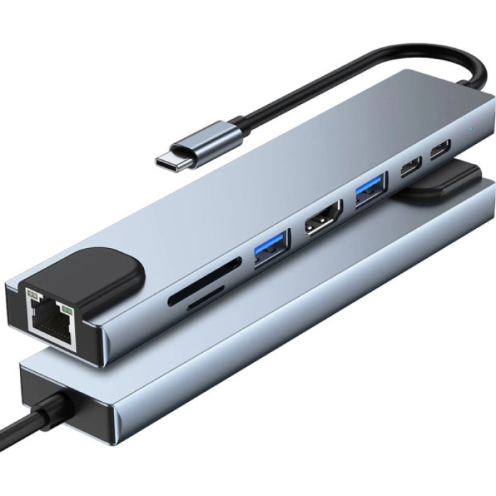 Концентратор Dynamode USB-C 8-in-1 HDMI 4K30Hz + 1xRJ45 + 1xUSB 3.0 + 1xUSB 2.0 + 1xUSB-C PD (BYL-2017L)