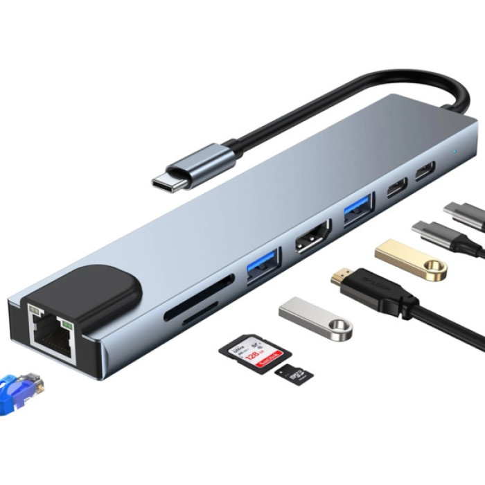 Концентратор Dynamode USB-C 8-in-1 HDMI 4K30Hz + 1xRJ45 + 1xUSB 3.0 + 1xUSB 2.0 + 1xUSB-C PD (BYL-2017L)