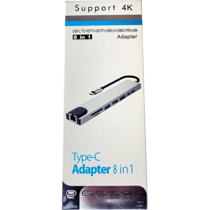 Концентратор Dynamode USB-C 8-in-1 HDMI 4K30Hz + 1xRJ45 + 1xUSB 3.0 + 1xUSB 2.0 + 1xUSB-C PD (BYL-2017L)