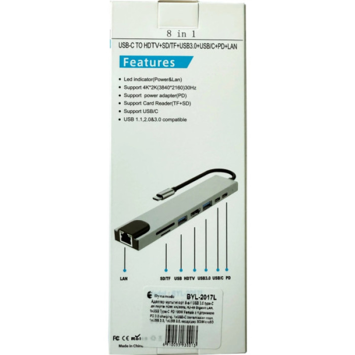 Концентратор Dynamode USB-C 8-in-1 HDMI 4K30Hz + 1xRJ45 + 1xUSB 3.0 + 1xUSB 2.0 + 1xUSB-C PD (BYL-2017L)