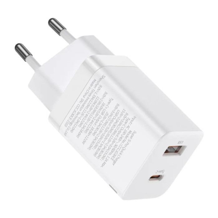 Зарядний пристрій Baseus 1xUSB-C 30W + 1xUSB white (CCSUPP-E02)