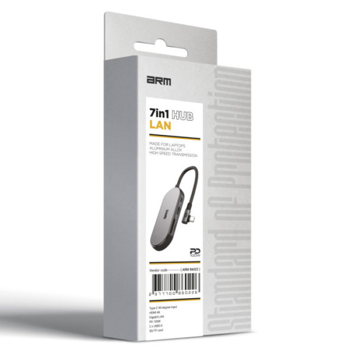 Концентратор Armorstandart Angle USB-C to HDMI 4K, RJ45, PD, 2USB, SD, microSD Grey (ARM86022)