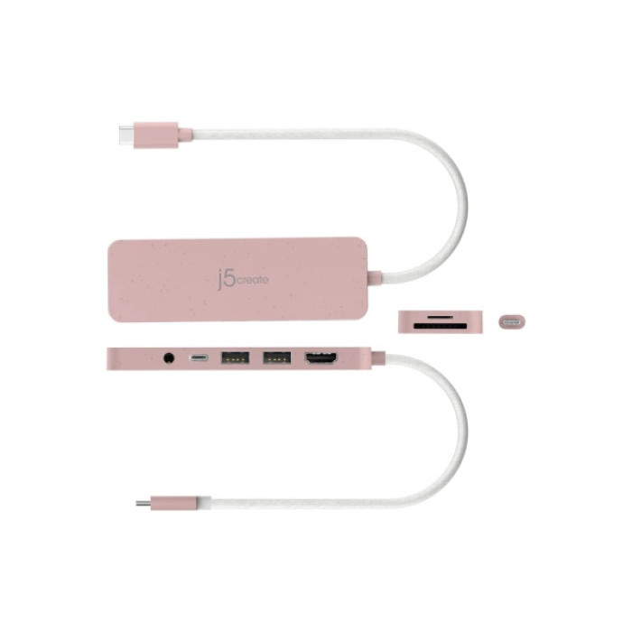 Концентратор J5create USB-C 6-in-1 2xUSB 3.2 + USB-C PD + HDMI 4K + SD/TF + 3.5mm rose (JCD373ER-N)