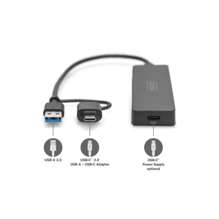 Концентратор Digitus USB-C + USB-A to 4xUSB-A 0.2m black (DA-70235)