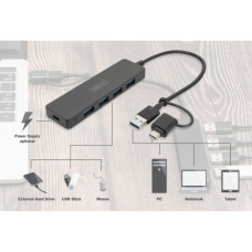 Концентратор Digitus USB-C + USB-A to 4xUSB-A 0.2m black (DA-70235)