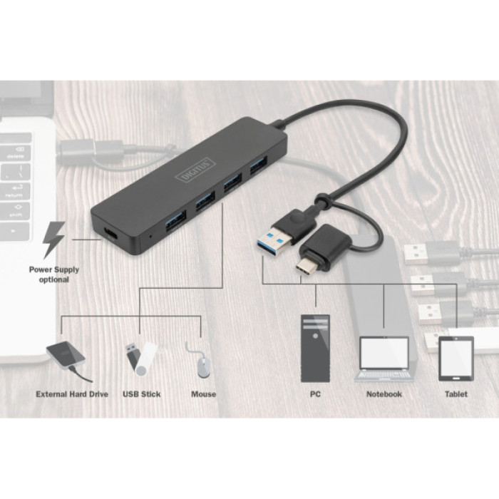 Концентратор Digitus USB-C + USB-A to 4xUSB-A 0.2m black (DA-70235)