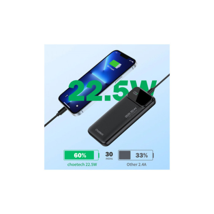 Батарея універсальна Choetech 10000mAh 22.5W, PD, QC/3.0, USB-A, USB-C, Black (B728-CCBK)