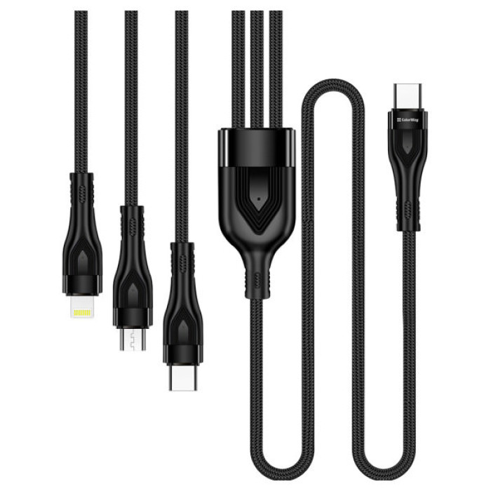 Дата кабель USB 2.0 AM to Lightning + Micro 5P + USB-C 1.2m 3.0A (PD60W data) Black ColorWay (CW-CBPDU3060-BK)