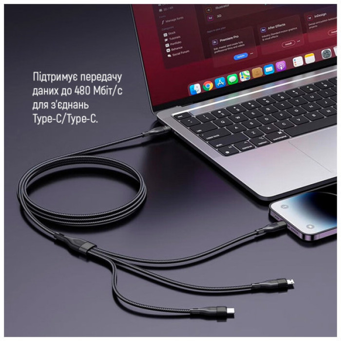 Дата кабель USB 2.0 AM to Lightning + Micro 5P + USB-C 1.2m 3.0A (PD60W data) Black ColorWay (CW-CBPDU3060-BK)