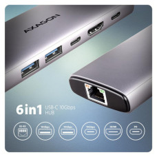 Концентратор AXAGON USB-C to 2xUSB-A + 1xUSB-C + HDMI + RJ45 + PD100W 0.15m gray (HMC-6G2L)