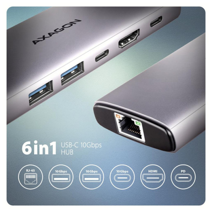 Концентратор AXAGON USB-C to 2xUSB-A + 1xUSB-C + HDMI + RJ45 + PD100W 0.15m gray (HMC-6G2L)