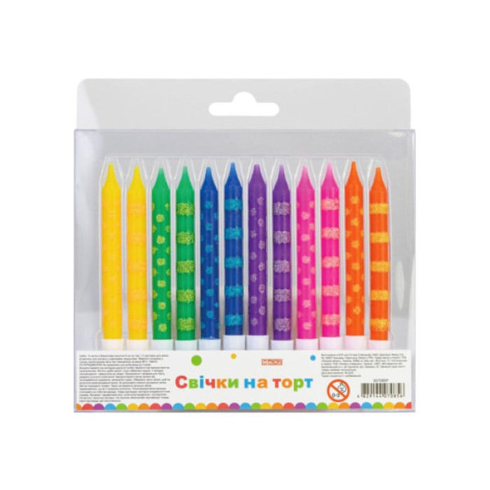 Свічка Maxi 12 шт на торт з блискітками, 8 см; 12 підставок для свічок (MX627085P)