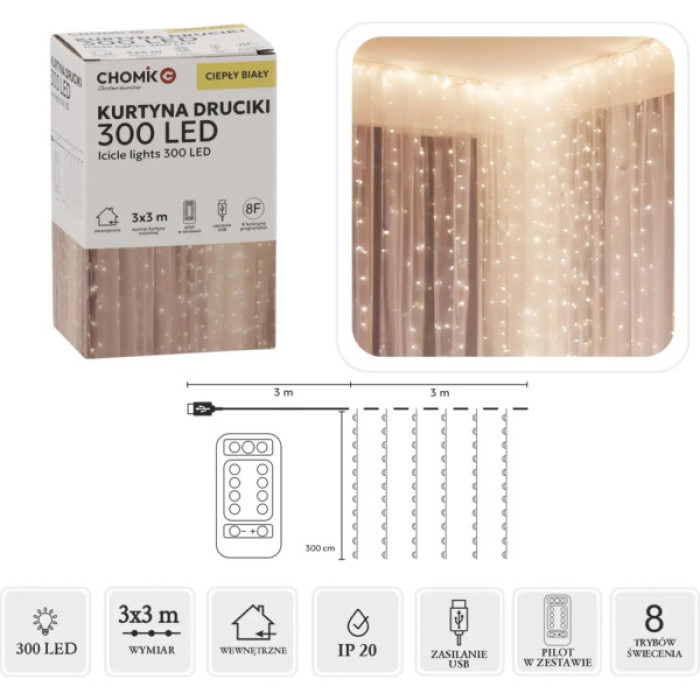 Гірлянда Chomik Штора 3 х 3 м 300 LED Теплий білий USB з пультом (5900779879997)