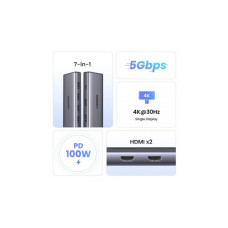 Порт-реплікатор Ugreen Dock CM498 USB 3.0 Type-C -> 1хUSB-A 3.0/3хUSB-A 2.0/2xHDMI 4K 30Гц PD (35897)