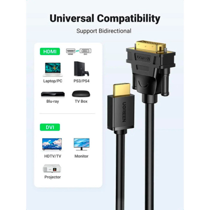 Кабель мультимедійний HDMI M to DVI M 1.5m HD106 black Ugreen (11150)