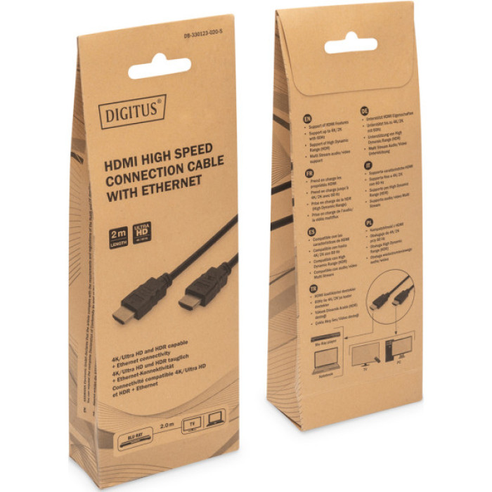Кабель мультимедійний HDMI M to HDMI M 2.0m 4K60Hz w/Ethernet black Digitus (DB-330123-020-S)