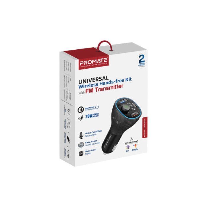 FM модулятор Promate PowerTune 38w USB-A OTG/USB-A QC3.0/USB-C PD Black (powertune-38w.black)