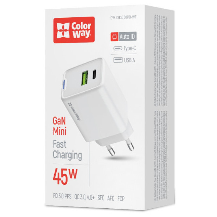 Зарядний пристрій ColorWay C101E GaN Mini 45W PD PPS USB-C + USB-A QC4.0 white (CW-CHS060PD-WT)