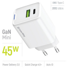 Зарядний пристрій ColorWay C101E GaN Mini 45W PD PPS USB-C + USB-A QC4.0 white (CW-CHS060PD-WT)