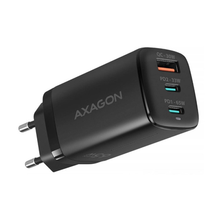 Зарядний пристрій AXAGON 1xUSB + 2xUSB-C 65W QC4+ PD3.0 PPS black (ACU-DPQ65)