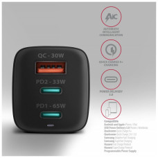 Зарядний пристрій AXAGON 1xUSB + 2xUSB-C 65W QC4+ PD3.0 PPS black (ACU-DPQ65)
