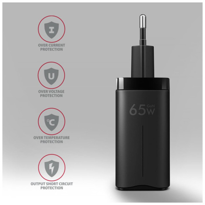 Зарядний пристрій AXAGON 1xUSB + 2xUSB-C 65W QC4+ PD3.0 PPS black (ACU-DPQ65)