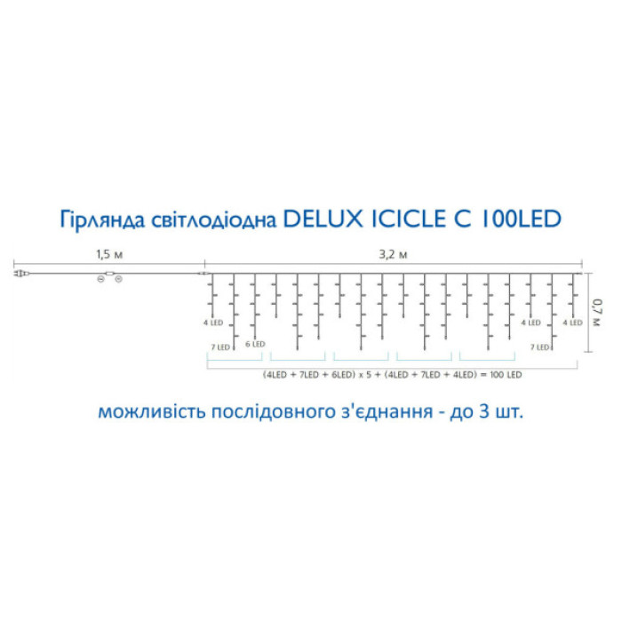 Гірлянда Delux ICICLE С 100 LED 3.2х0.7 м Теплий білий/Прозорий IP20 (90015255)