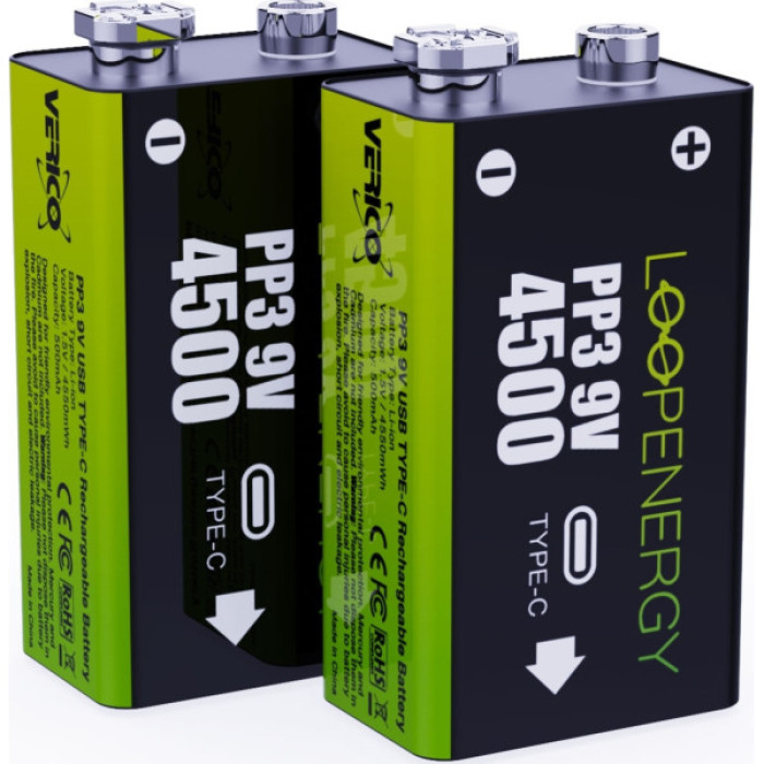 Акумулятор Крона USB-С 500 mAh 9V Li-ion 2шт./уп. (Loop Energy) Verico (1UDBT-A3WEB2-NN)