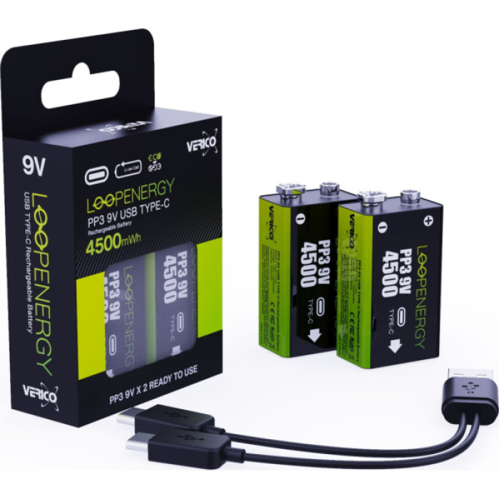 Акумулятор Крона USB-С 500 mAh 9V Li-ion 2шт./уп. (Loop Energy) Verico (1UDBT-A3WEB2-NN)