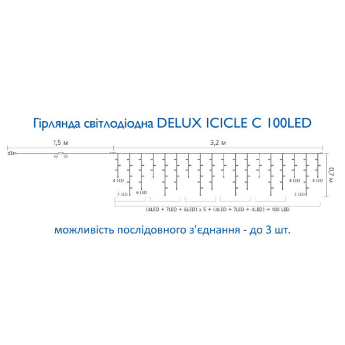 Гірлянда Delux ICICLE С 100LED 3.2х0.7 м Білий/Прозорий IP20 (90015252)