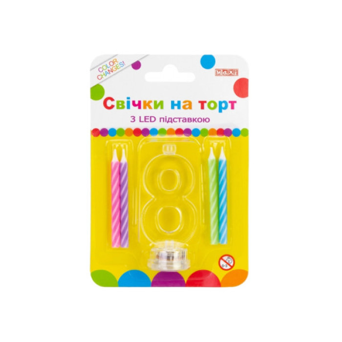 Свічка Maxi 4 шт. на торт з LED підставкою "8", що світиться (MX701007-8)