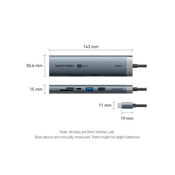 Концентратор Vention USB-C 7-in-1 USB-C PD + USB 3.2 + USB 3.0 + USB 2.0 + RJ45 + SD/TF + HDMI 0.15m (TGUHB)