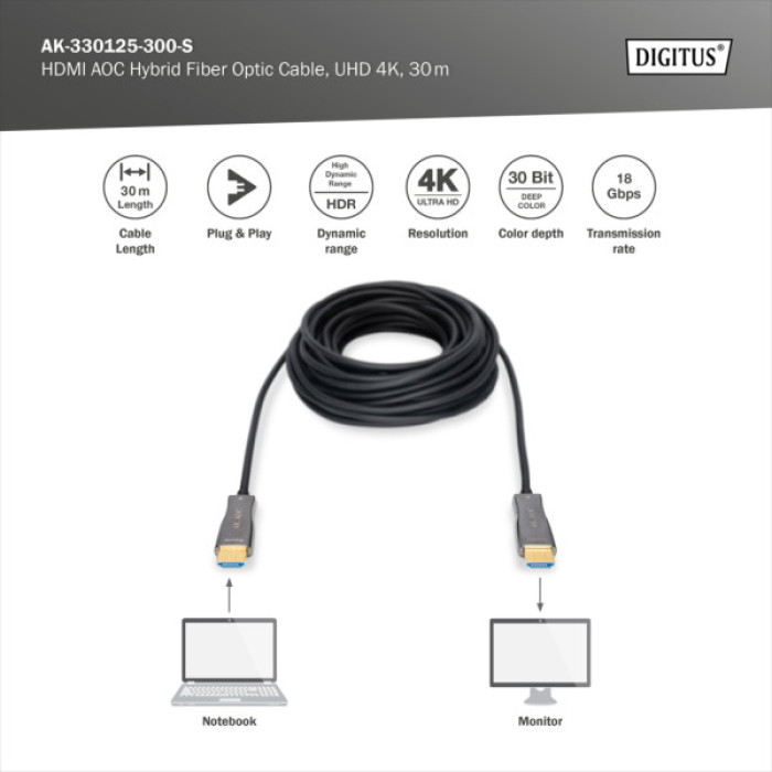 Кабель мультимедійний HDMI M to HDMI M 30m 4K AOC hybrid-fiber black Digitus (AK-330125-300-S)