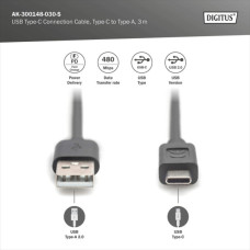 Дата кабель USB 2.0 AM to USB-C 3.0m black Digitus (AK-300148-030-S)