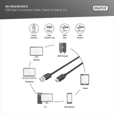 Дата кабель USB 2.0 AM to USB-C 3.0m black Digitus (AK-300148-030-S)