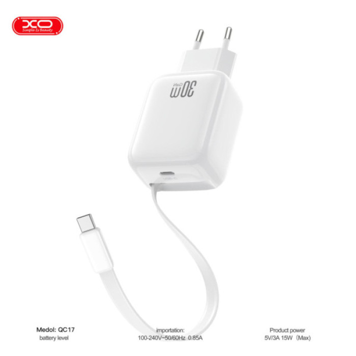 Зарядний пристрій XO 1xUSB-C PD30W GaN + cable USB-C to USB-C (XO-QC17)