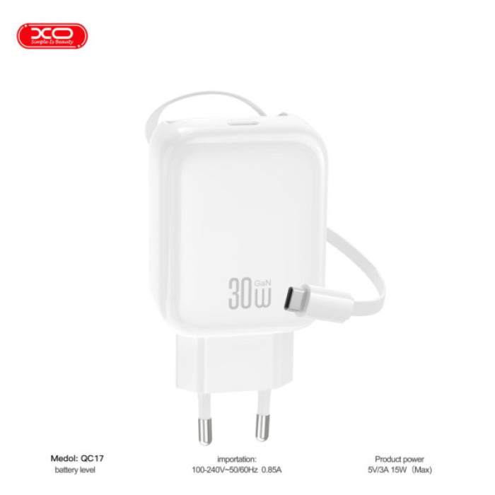 Зарядний пристрій XO 1xUSB-C PD30W GaN + cable USB-C to USB-C (XO-QC17)