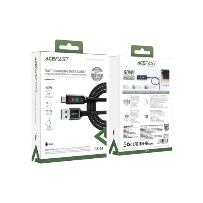 Дата кабель USB 2.0 AM to USB-C 1.2m 3A nylon with LED C7-04 black Acefast (6974316282785)