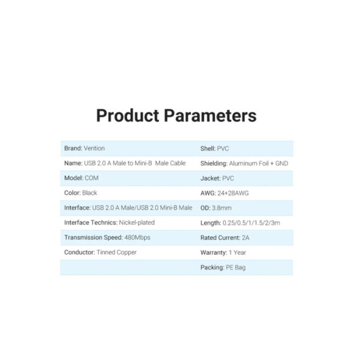 Дата кабель USB 2.0 AM to Mini 5P 2.0m black Vention (COMBH)
