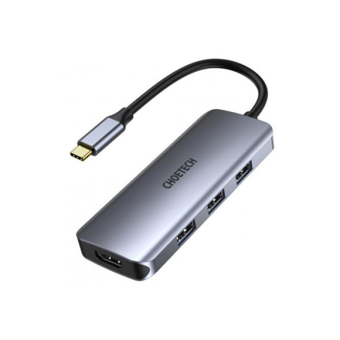 Концентратор Choetech USB-C 7-in-1 3хUSB 3.0+USB-C PD100W+HDMI 4K 30HZ+SD/TF USB3.1 (HUB-M19-GY)