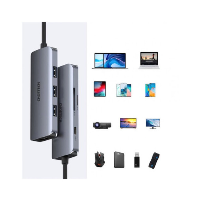 Концентратор Choetech USB-C 7-in-1 3хUSB 3.0+USB-C PD100W+HDMI 4K 30HZ+SD/TF USB3.1 (HUB-M19-GY)