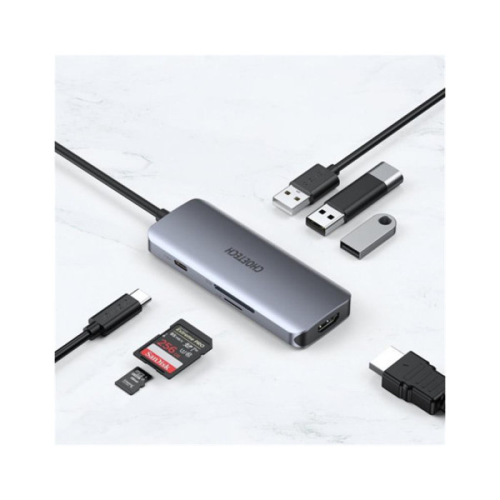 Концентратор Choetech USB-C 7-in-1 3хUSB 3.0+USB-C PD100W+HDMI 4K 30HZ+SD/TF USB3.1 (HUB-M19-GY)
