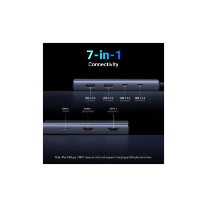 Порт-реплікатор Ugreen Dock CM498 USB3.2 Type-C ->2xUSB-A 3.2/2xUSB-C 3.2 10Гбіт/с/ 2xHDMI 4K60Гц/PD 100W (45379)