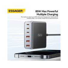 Зарядний пристрій Essager 3xUSB-C + 3xUSB-A 85W GaN black (EZC85W-SXB0G-Z)