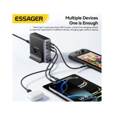 Зарядний пристрій Essager 3xUSB-C + 3xUSB-A 85W GaN black (EZC85W-SXB0G-Z)