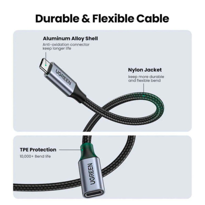 Дата кабель Ugreen USB-C M/F 1.0m 5A 10Gbps USB 3.1 black (30205)