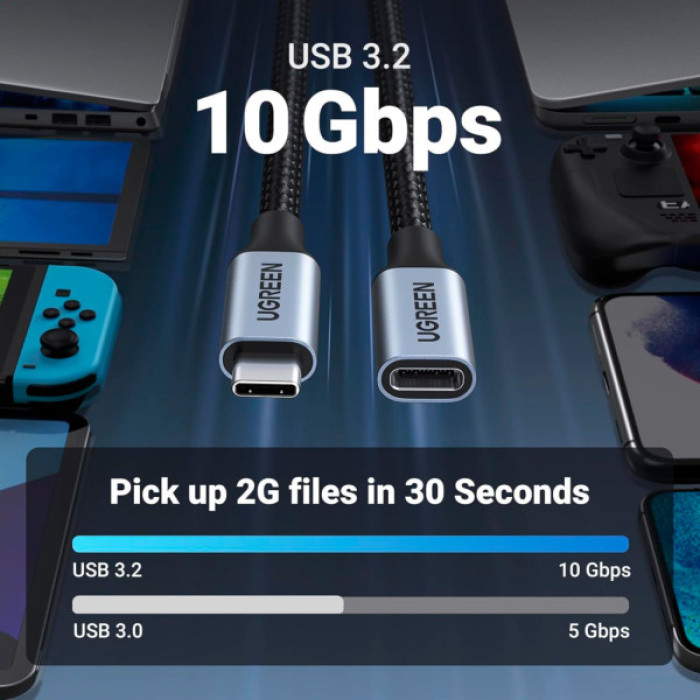 Дата кабель Ugreen USB-C M/F 1.0m 5A 10Gbps USB 3.1 black (30205)