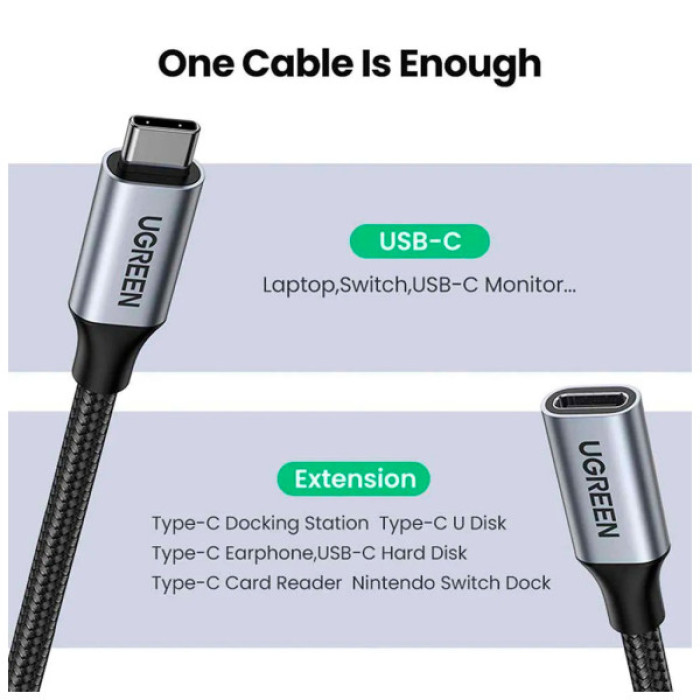 Дата кабель Ugreen USB-C M/F 1.0m 5A 10Gbps USB 3.1 black (30205)