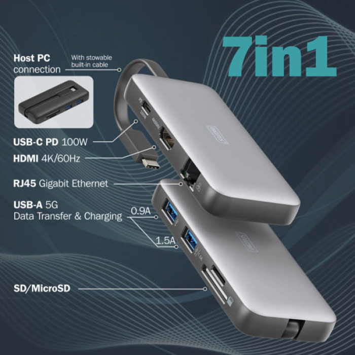 Порт-реплікатор Digitus USB-C > HDMI/2xUSB-A/USB-C/SD/MicroSD/RJ54, Travel (DA-70916)