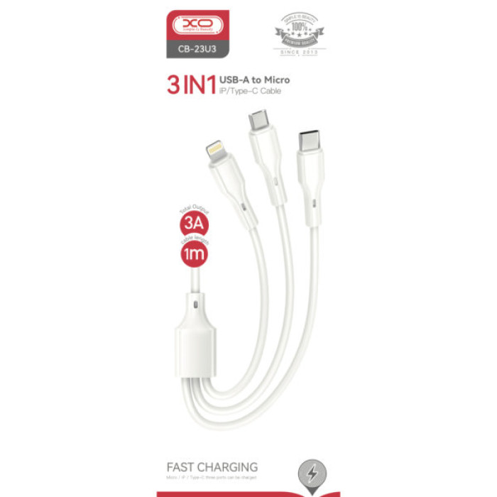 Дата кабель USB 2.0 AM to Lightning + Micro 5P + USB-C 1.0m 2.4A XO (CB-23U3)